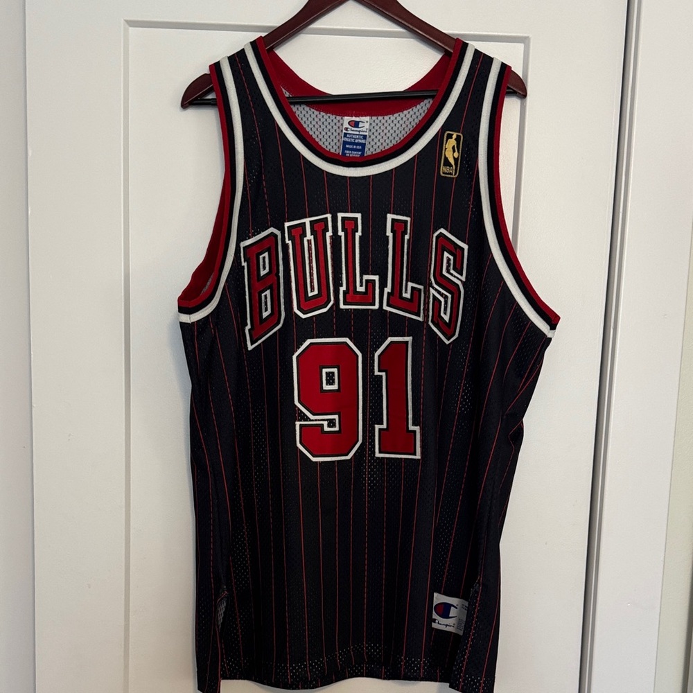 Champion Bulls Black and Red Striped Jersey Dennis Rodman